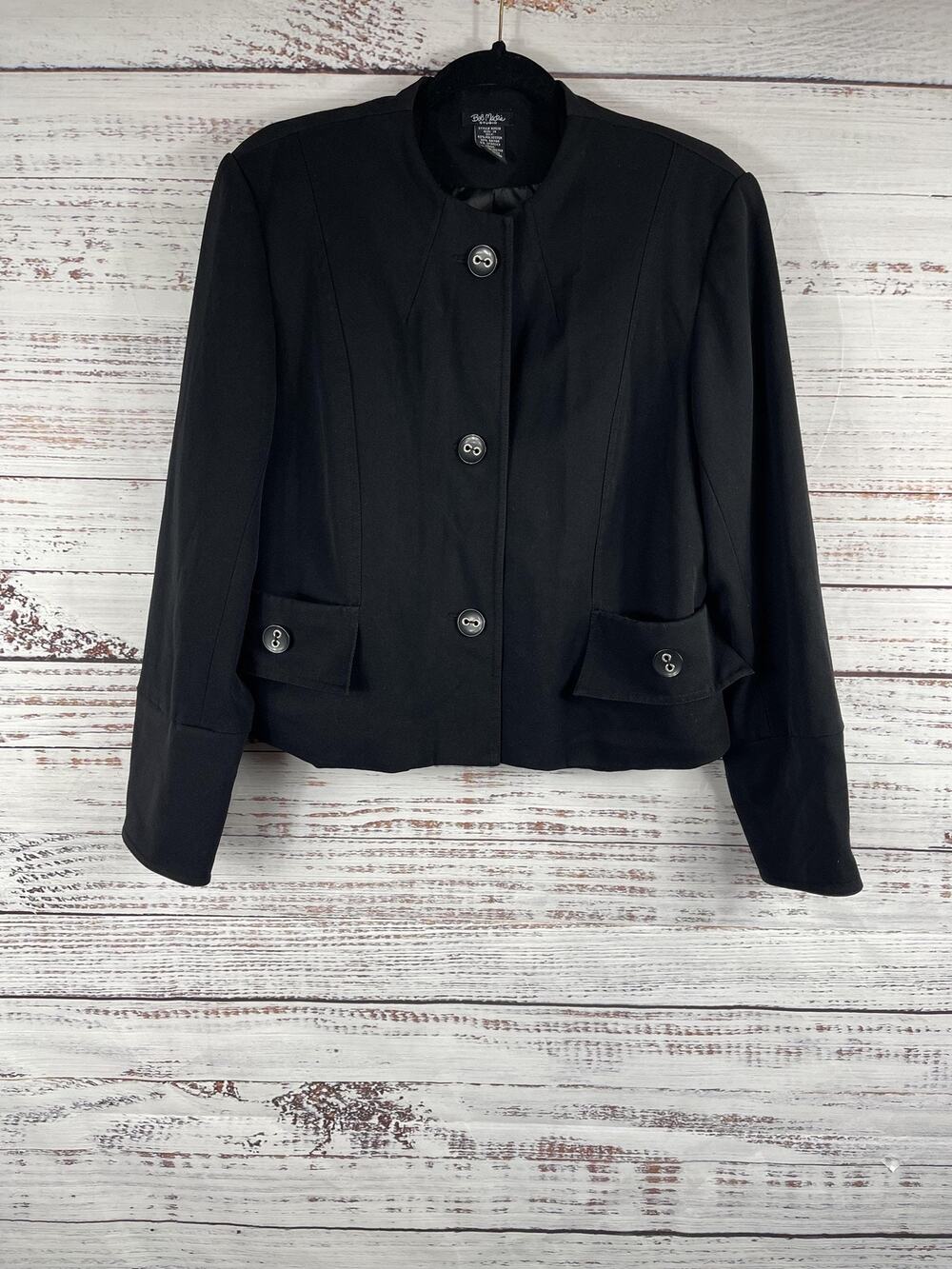 Bob Mackie Studio Jacket Women's 14 Black Collarless Button Front Cropped Blazer